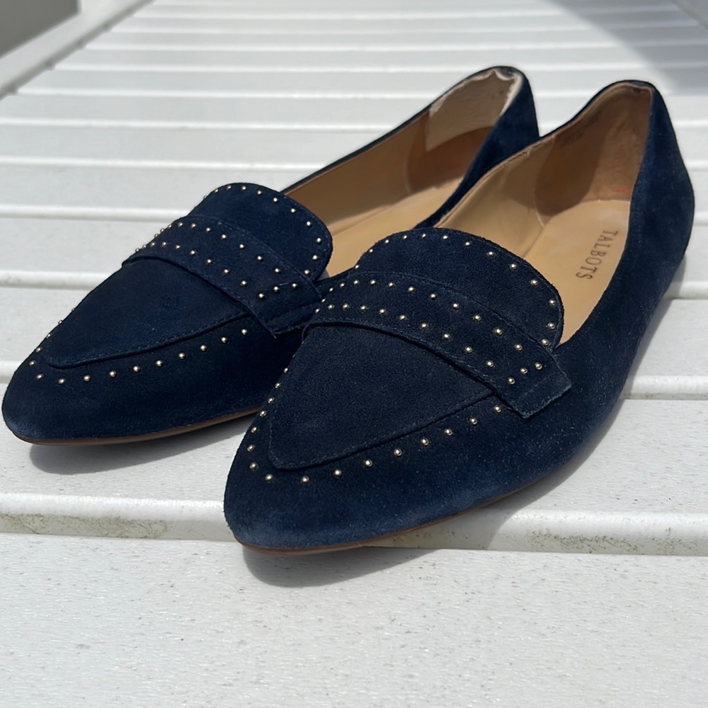 EUC - Talbots navy suede Francesca flat loafers - indigo blue
